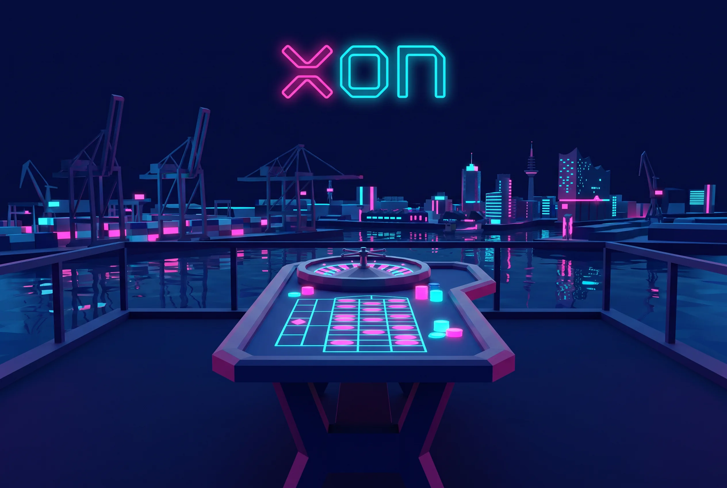 Neonbeleuchtetes Live-Casino mit Roulette im Hamburger Hafen
